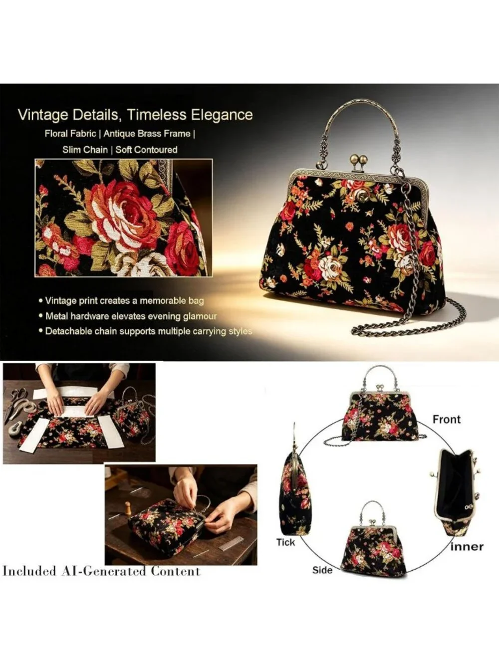Vintage Floral Top-Handle Handbag, Kiss Lock Evening Bag for Women, Chic Purse